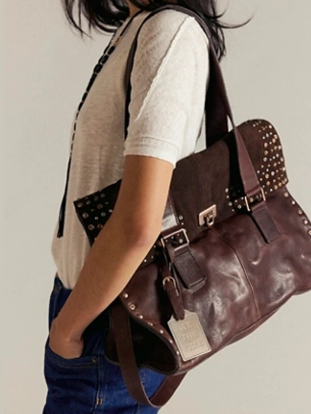 Free People We The Free Shay Stud Tote Leather Suede Bag - Picture 2 of 13
